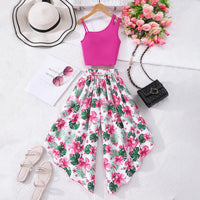 Girls Pink One Shoulder Crop Top With Printed Flared Capri Sets Sets