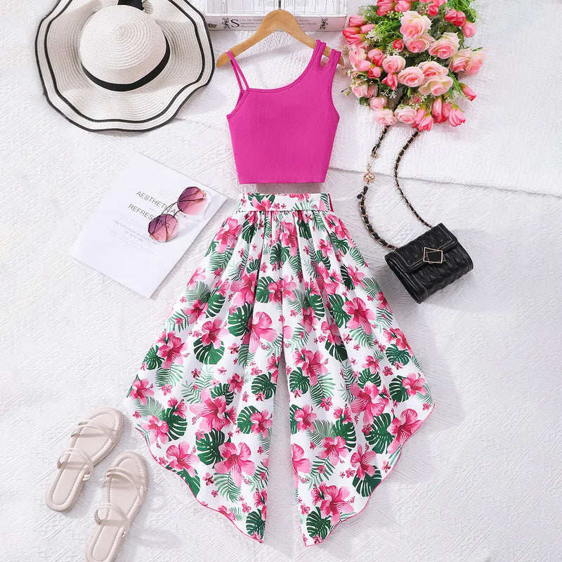 Girls Pink One Shoulder Crop Top With Printed Flared Capri Sets Sets
