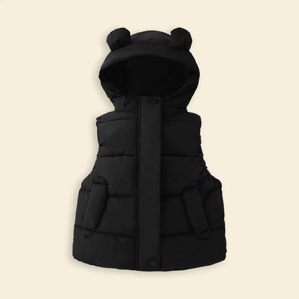 Girls Black Sleeveless Bear Ear On Hood Quilted Zip-up Jacket Coats & Jackets