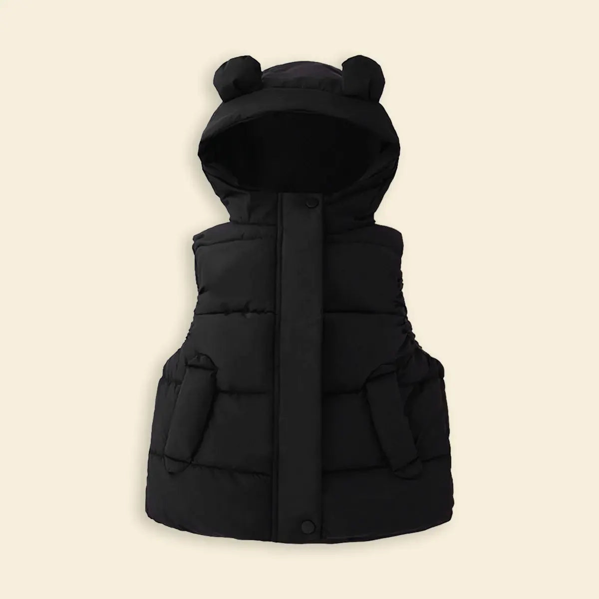 Girls Black Sleeveless Bear Ear On Hood Quilted Zip-up Jacket Coats & Jackets