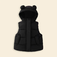 Girls Black Sleeveless Bear Ear On Hood Quilted Zip-up Jacket Coats & Jackets