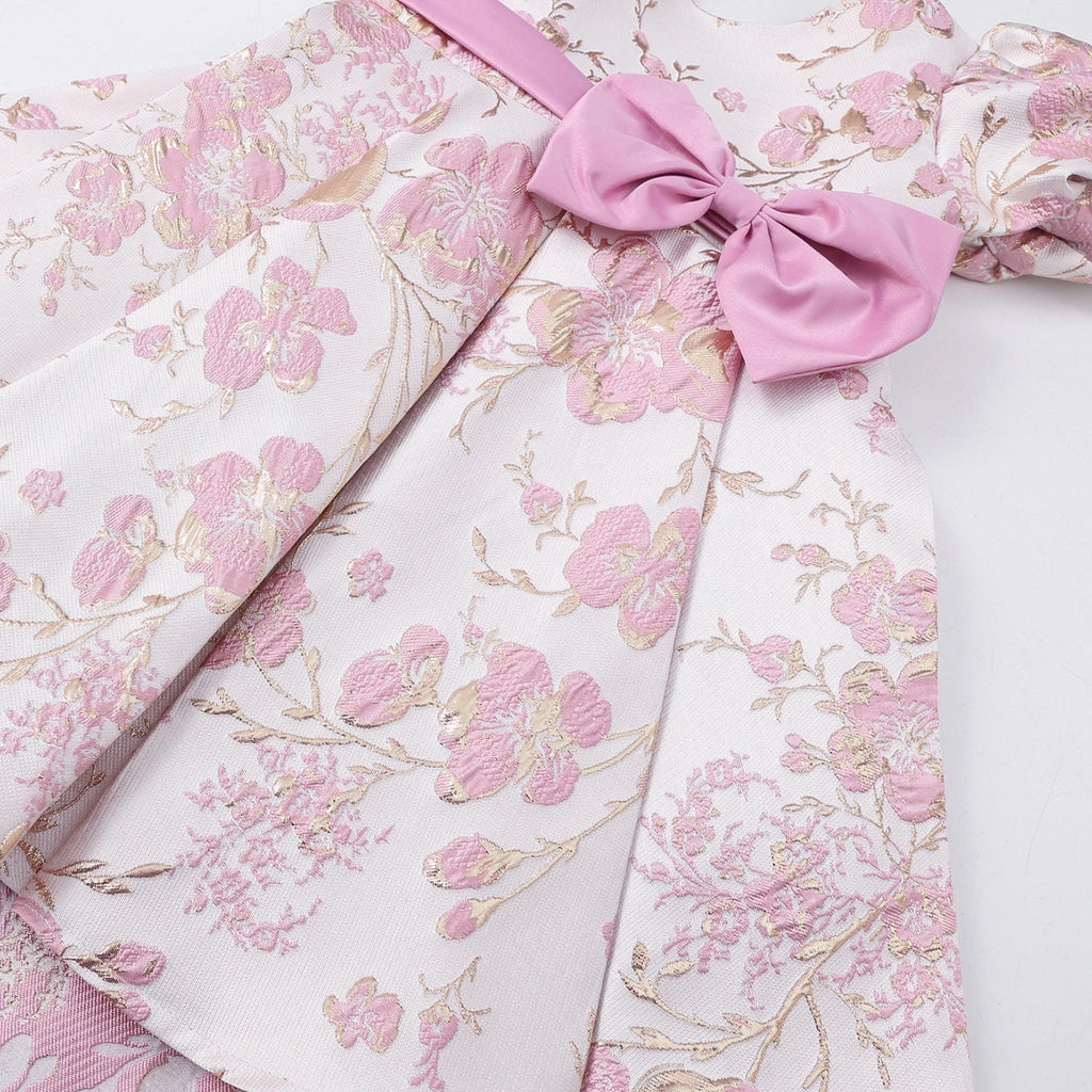 Girls Pink Floral Print Puff Sleeves Fit & Flare Dress Party Dresses