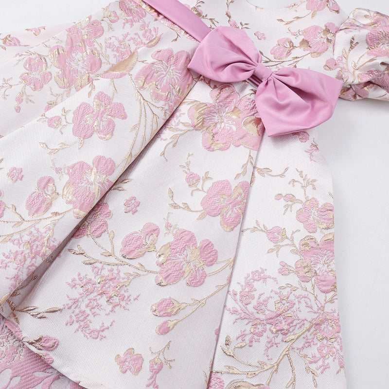 Girls Pink Floral Print Puff Sleeves Fit & Flare Dress Party Dresses