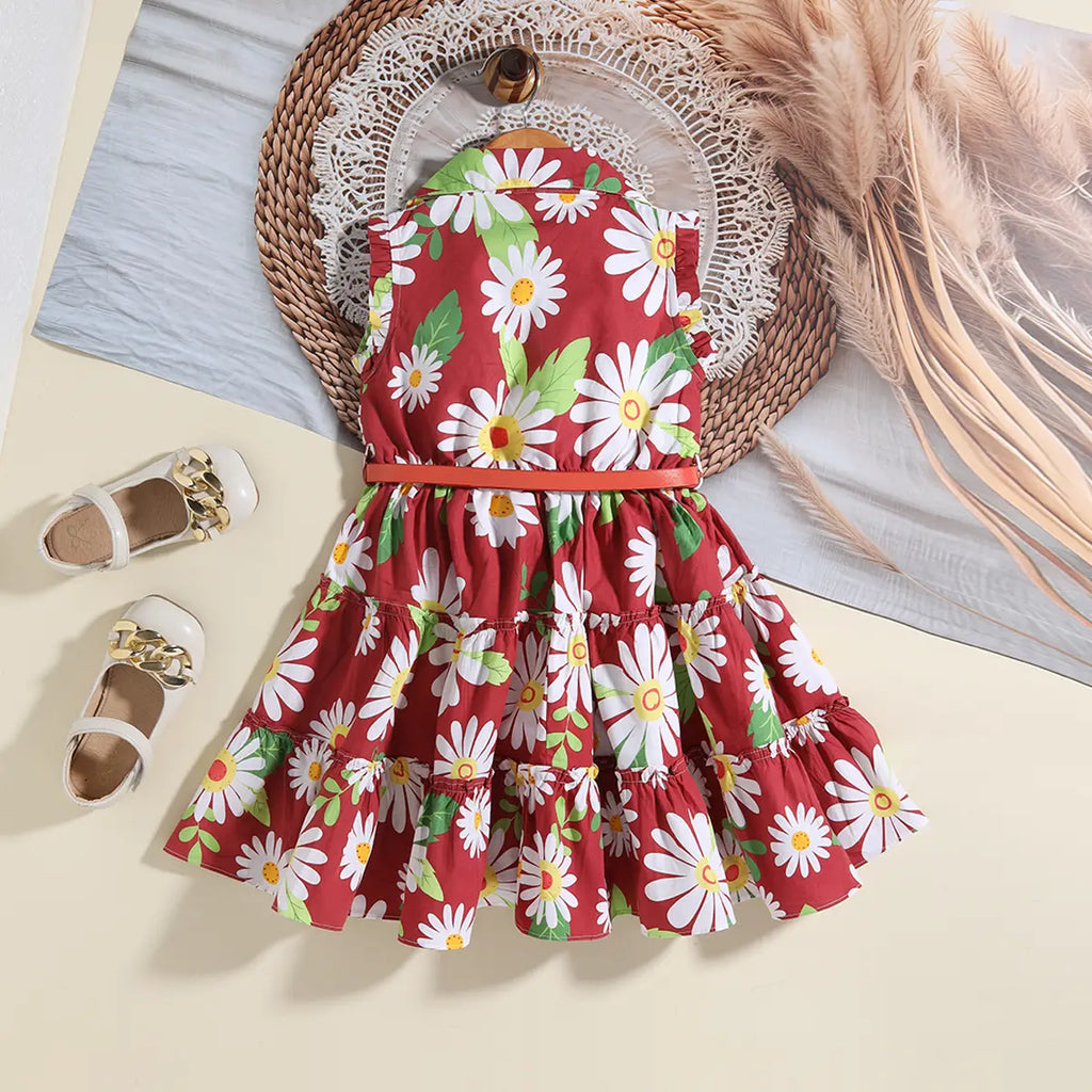 Girls Maroon Floral Printed Shirt Dress With Belt Casual Dresses