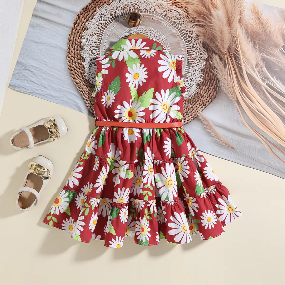Girls Maroon Floral Printed Shirt Dress With Belt Casual Dresses