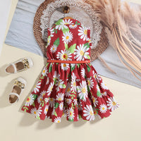 Girls Maroon Floral Printed Shirt Dress With Belt Casual Dresses