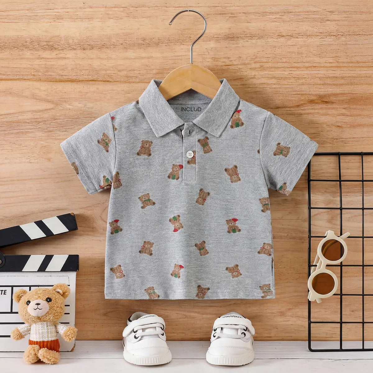 Boys Grey Teddy Bear Printed Short Sleeve Polo T-Shirt Tshirts Grey 1-2 Y