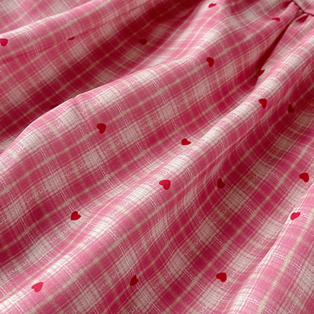 Girls Red Checked A-line Dress With Bow & Lace Trim Casual Dresses