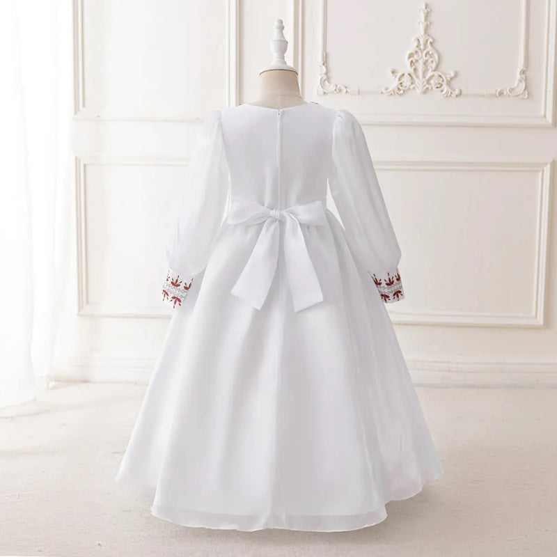 Girls White Embroidered Fit & Flare Dress With Long Sleeeves Casual Dresses