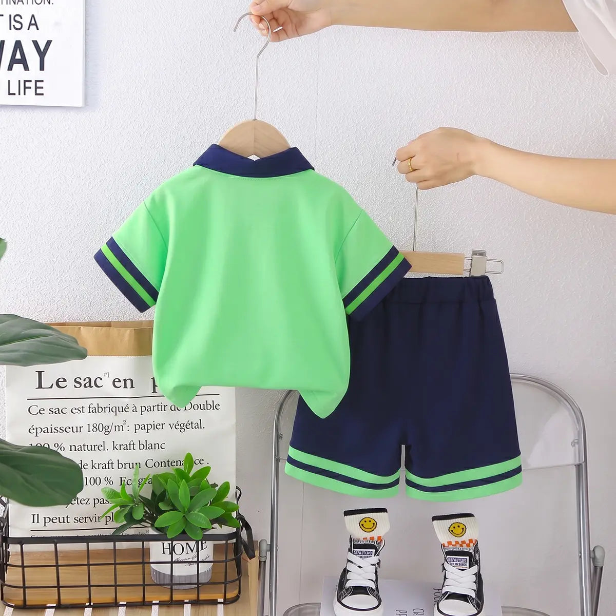 Boys Green Typographic Printed Polo T-Shirt With Elasticated Shorts Sets 2 pc. Sets