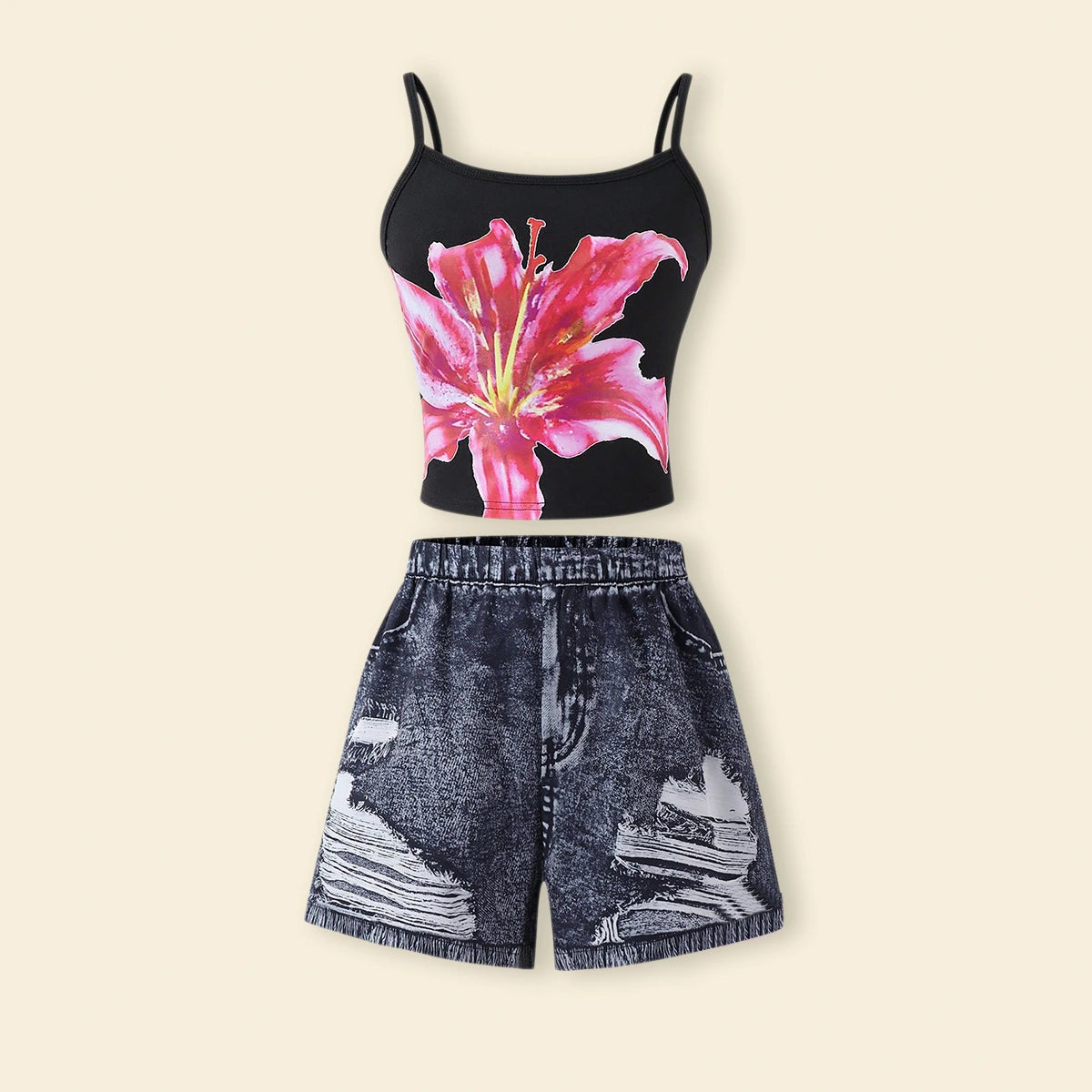 Girls Black Floral Top With Fake Denim Printed Shorts Sets Sets