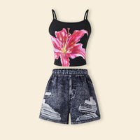Girls Black Floral Top With Fake Denim Printed Shorts Sets Sets