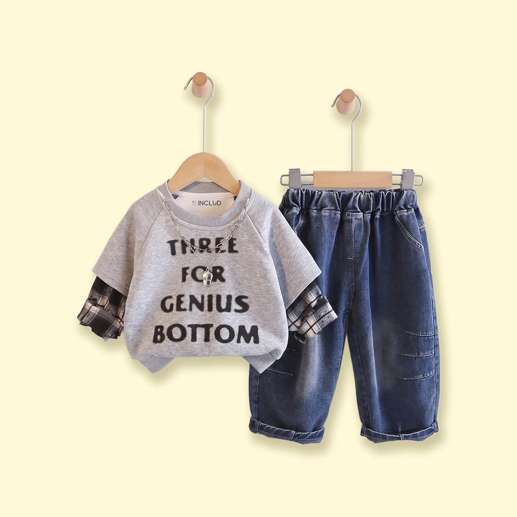 Boys Light Grey Typography Sweatshirt With Denim Pants 2 pc. Sets Light Grey 1-2 Y