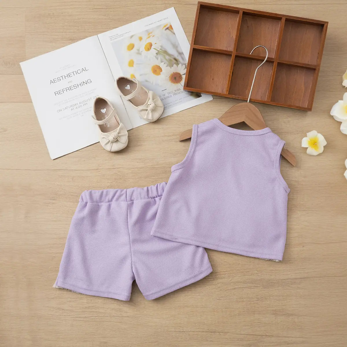 Girls Purple 3D Flowers Applique Sleeveless Top With Shorts Set Sets