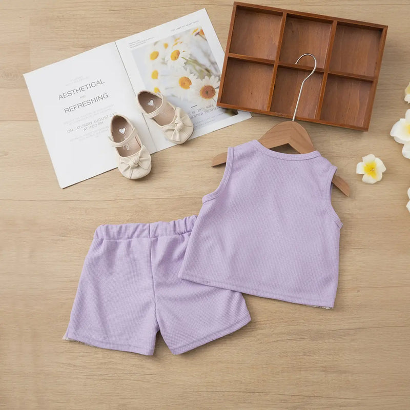 Girls Purple 3D Flowers Applique Sleeveless Top With Shorts Set Sets