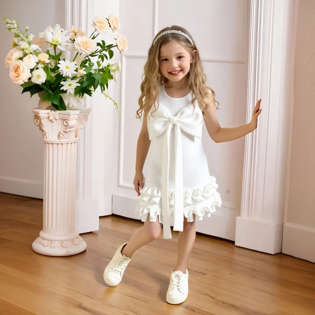 Girls White Sleeveless Large Bow Applique A-line Party Wear Dress Party Dresses