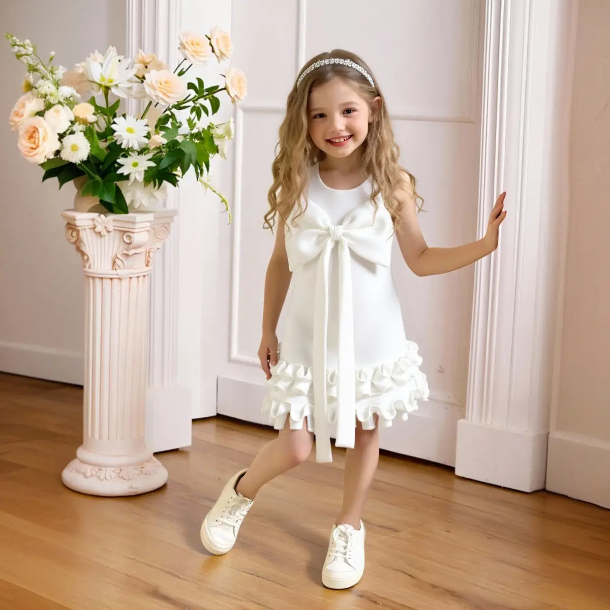 Girls White Sleeveless Large Bow Applique A-line Party Wear Dress Party Dresses
