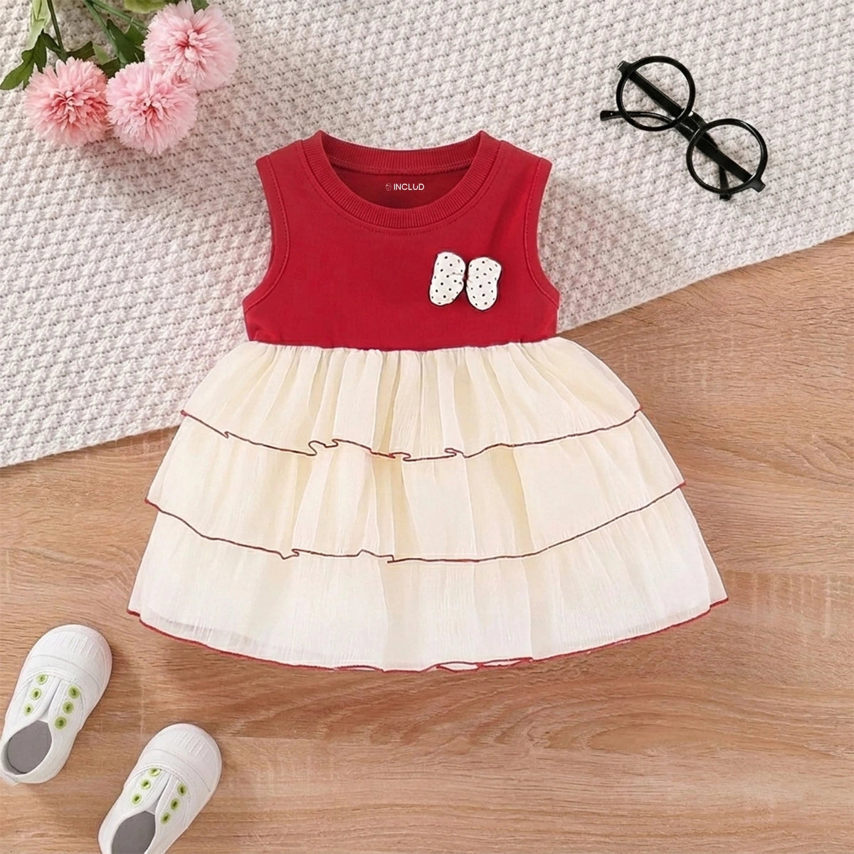 Girls Red Layered Fit And Flare Dress With Bow Details Casual Dresses Red 1-2 Y