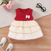 Girls Red Layered Fit And Flare Dress With Bow Details Casual Dresses Red 1-2 Y