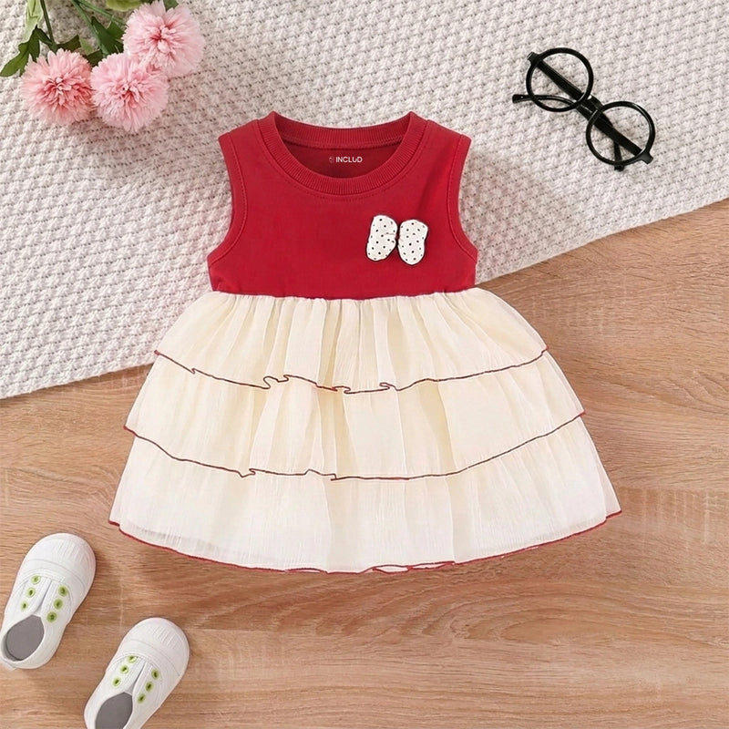 Girls Red Layered Fit And Flare Dress With Bow Details Casual Dresses Red 1-2 Y