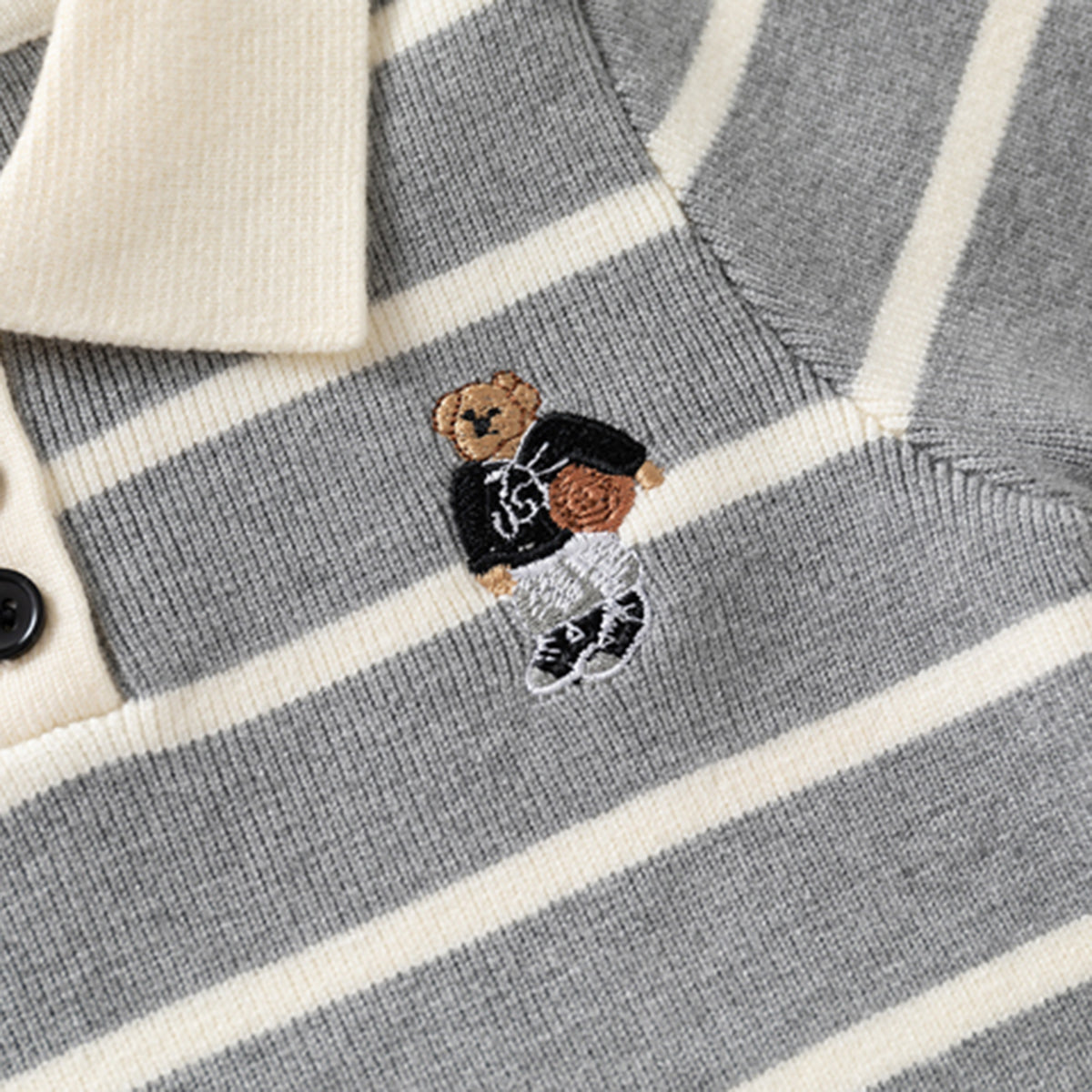 Boys Grey Polo Collar Sweatshirt With Self Design Stripe Patterns Sweaters & Cardigans