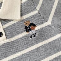 Boys Grey Polo Collar Sweatshirt With Self Design Stripe Patterns Sweaters & Cardigans