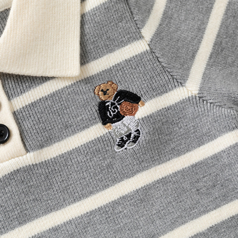 Boys Grey Polo Collar Sweatshirt With Self Design Stripe Patterns Sweaters & Cardigans