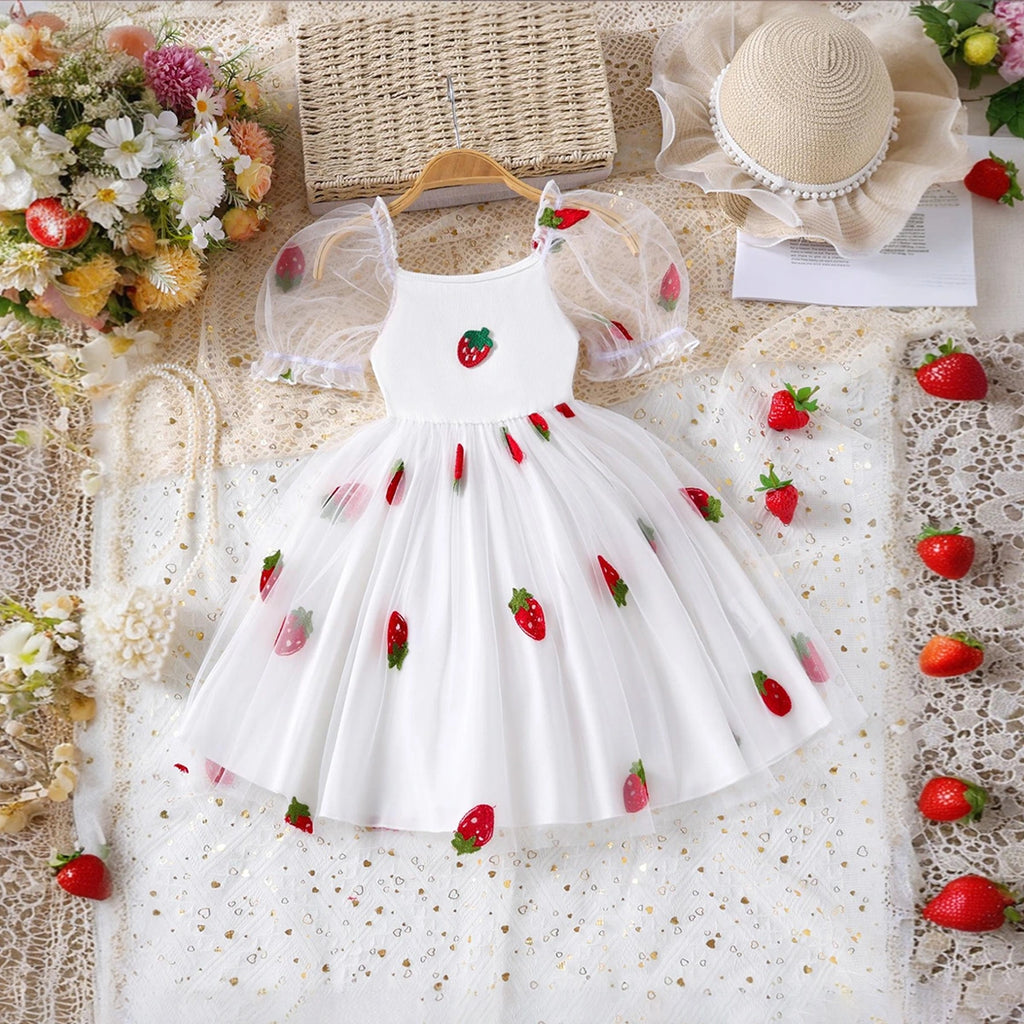 Girls White Strawberry Print Puff Sleeve Fit & Flare Dress Casual Dresses White 3-4 Y