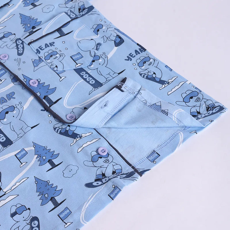 Girls Blue Printed Short Sleeve Shirt With Elasticated Pants Sets Sets