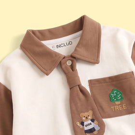 Boys Brown Graphic Polo Sweatshirt With Denim Pants Sets Sets