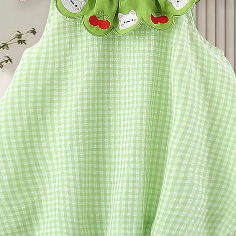 Girls Lime Green Checked A-line Dress With Bunny And Cherry Embroidery Casual Dresses