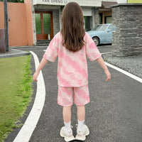 Girls Pink Tie-Dye T-shirts With Elasticated Shorts Sets Sets