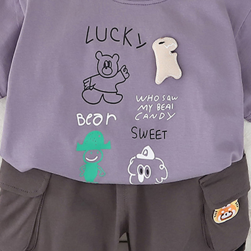 Boys Purple Bear Printed T-Shirt With Cargo Shorts Set 2 pc. Sets