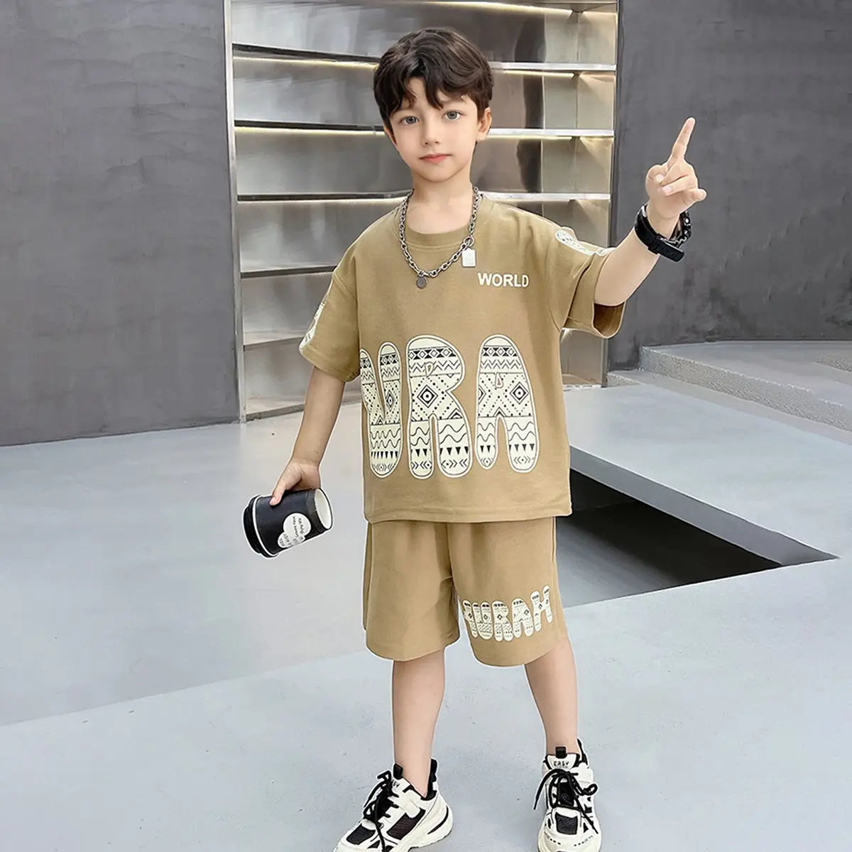 Boys Khaki Typographic Printed Short Sleeves T-Shirt With Shorts Co-ord Sets Sets Khaki 5-6 Y