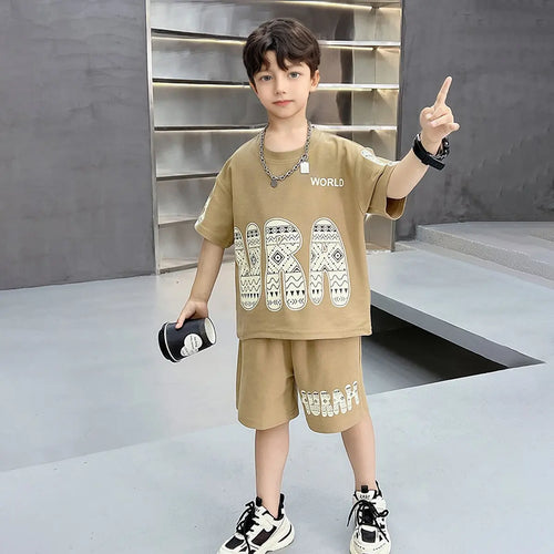 Boys Khaki Typographic Printed Short Sleeves T-Shirt With Shorts Co-ord Sets Sets Khaki 5-6 Y