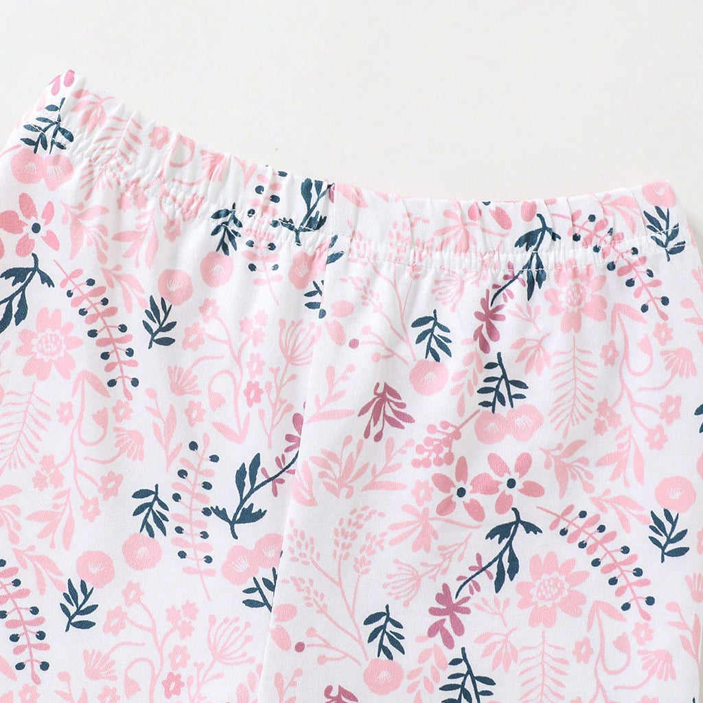 Girls Pink Cat Print T-shirt with Floral Print Pajama Set Sets