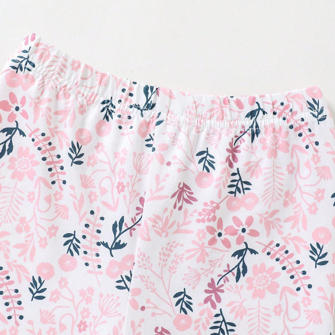Girls Pink Cat Print T-shirt with Floral Print Pajama Set Sets