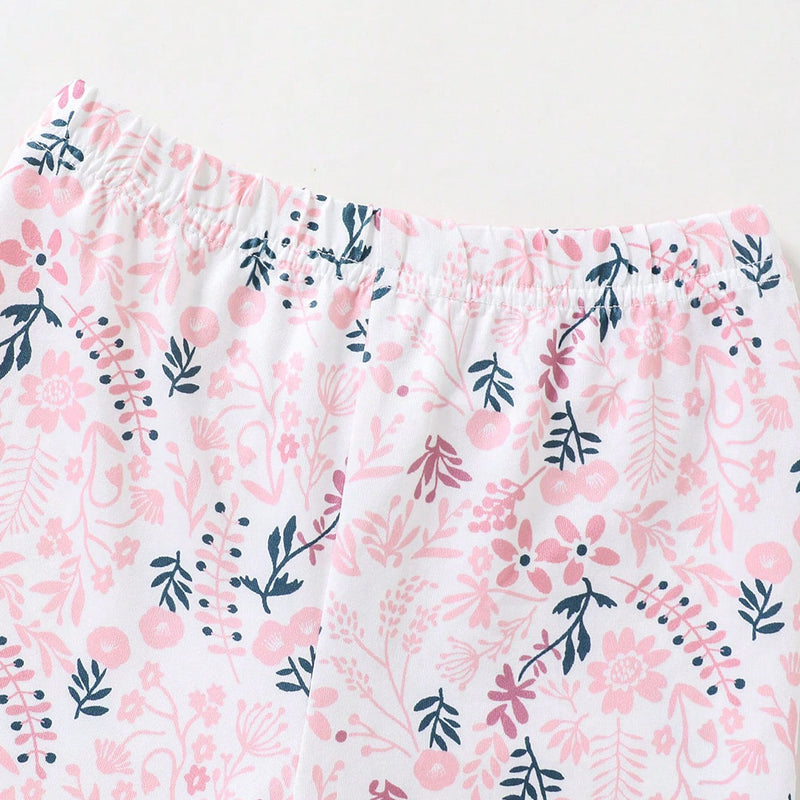 Girls Pink Cat Print T-shirt with Floral Print Pajama Set Sets