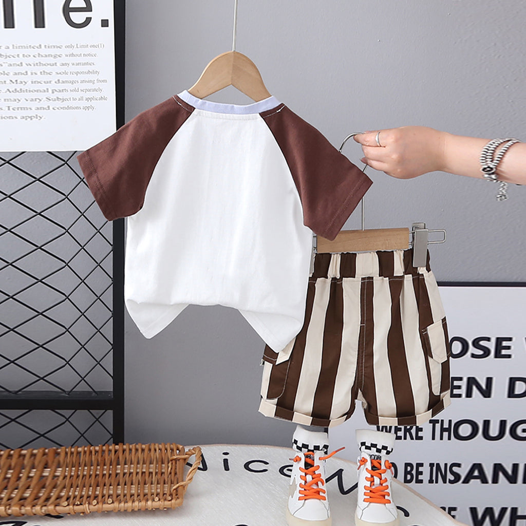 Boys Brown Elephant Printed Raglan Sleeves T-Shirt With Striped Shorts Set 2 pc. Sets