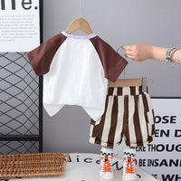 Boys Brown Elephant Printed Raglan Sleeves T-Shirt With Striped Shorts Set 2 pc. Sets