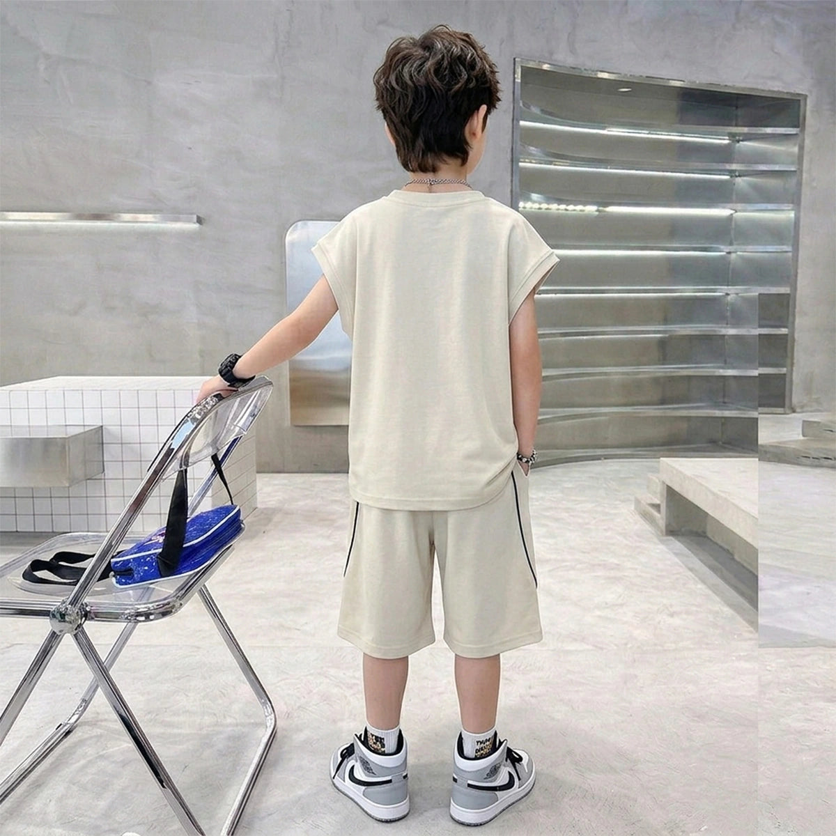 Boys Beige Graphic Sleeveless T-Shirt With Elasticated Long Shorts Sets Sets