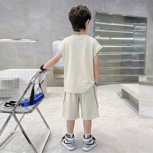 Boys Beige Graphic Sleeveless T-Shirt With Elasticated Long Shorts Sets Sets