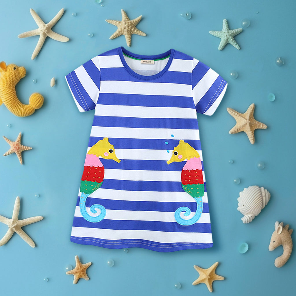 Girls Seahorse Embroidery Striped Dress