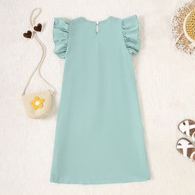 Girls Green Flutter Sleeves A-Line Casual Dress Casual Dresses