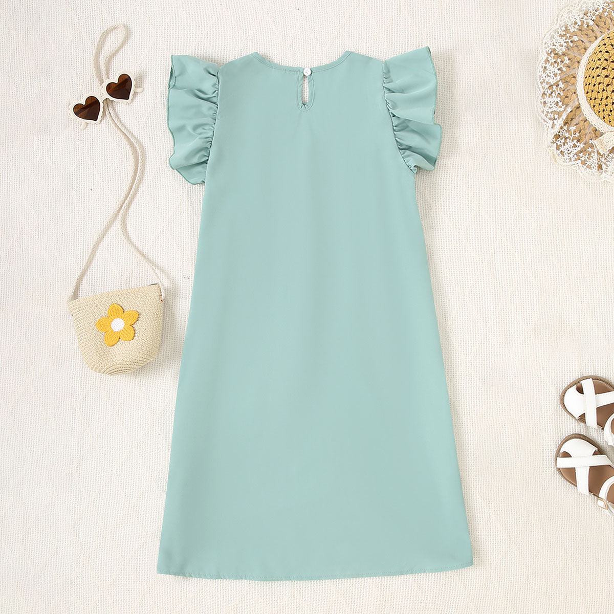 Girls Green Flutter Sleeves A-Line Casual Dress Casual Dresses