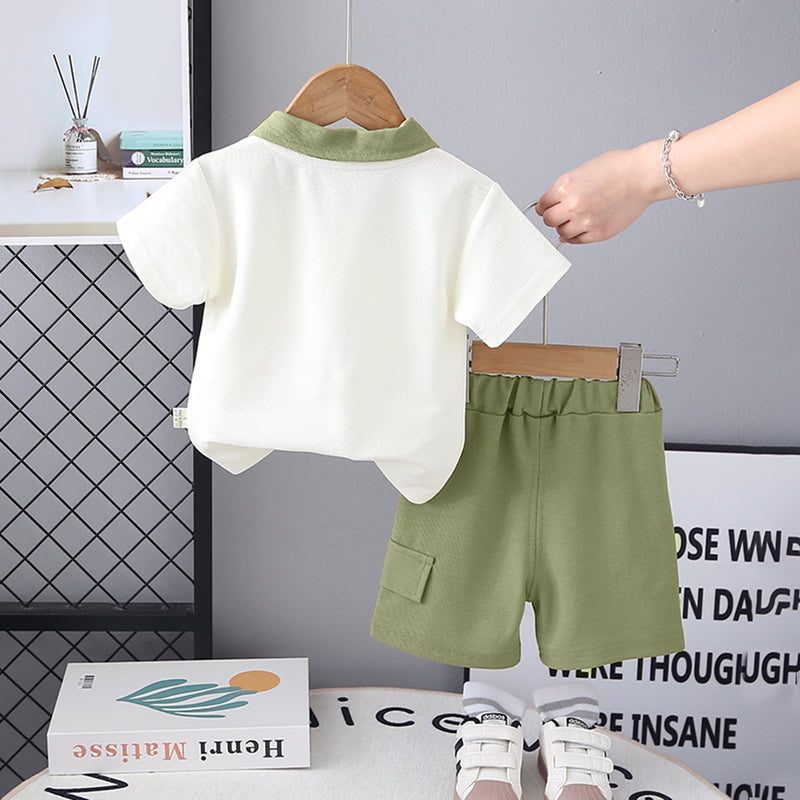 Boys Printed Contrast Collared Polo T-Shirt With Green Shorts Set 2 pc. Sets
