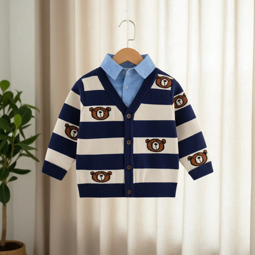 Boys Blue Stripes Knitted Cardigan With Shirt Collar Sweaters & Cardigans Blue 1-2 Y