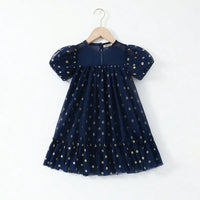 Girls Navy Blue Polka Dot Print A-line Dress With Ruffle Hem Casual Dresses
