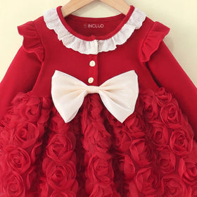 Girls Red Rose Applique Long Sleeve Fit & Flare Dress Casual Dresses