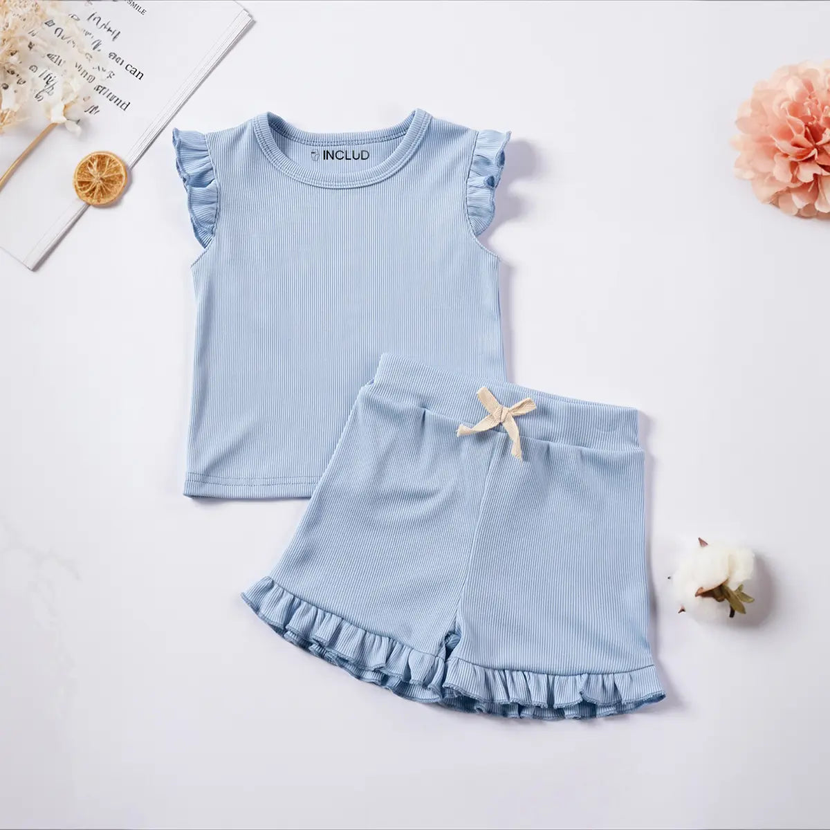 Girls Sky Blue Solid Ribbed Top With Shorts Co-ord Sets Sets Sky Blue 1-2 Y